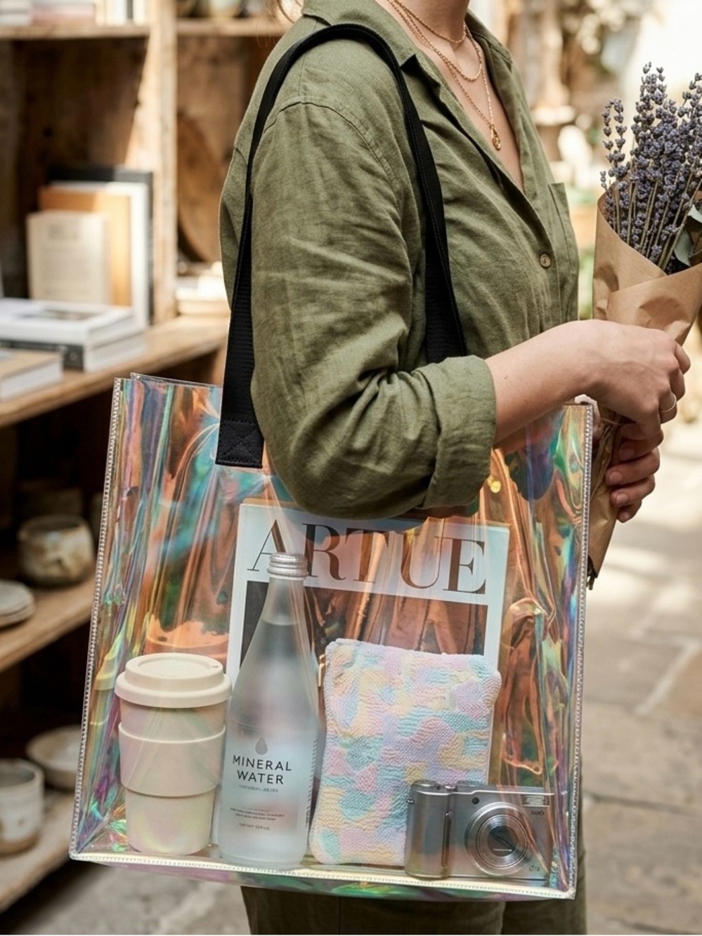 Iridescent Holographic Clear Tote Bag with Black Straps
